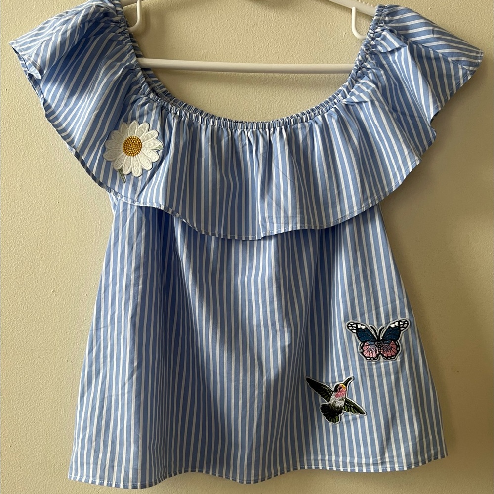 BCX Blue and White Striped Off-Shoulder Blouse